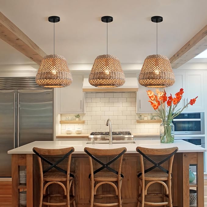 13.8" Rattan Pendant Light,Boho Hand Woven Wicker Hanging Light Seagrass Rattan Chandelier for Dining Living Bedroom Farmhouse Kitchen