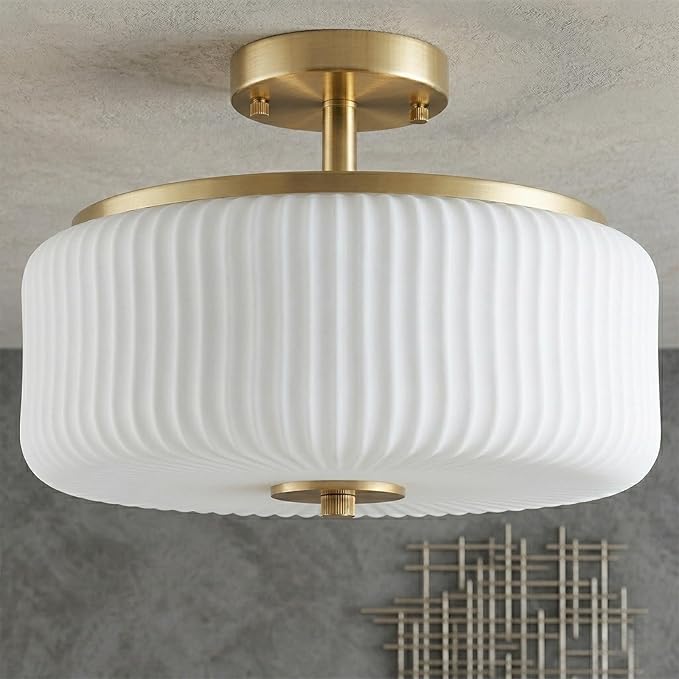 3-Light Gold Semi Flush Mount Ceiling Light, 11.8" Modern Schoolhouse Light Fixtures Ceiling Mount with Ribbed Opal Glass Shade, Anti-Glare Close to Ceiling Lamp for Bedroom Kitchen Hallway Entryway