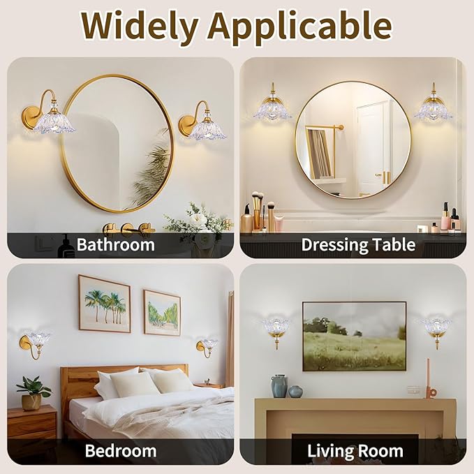 1 Piece Vintage Wall Sconce with Floral Rainbow Glass Shade, Matte Brass Finish Wall Mount Lighting for Bathroom,Vintage Bathroom Vanity Light Fixtures