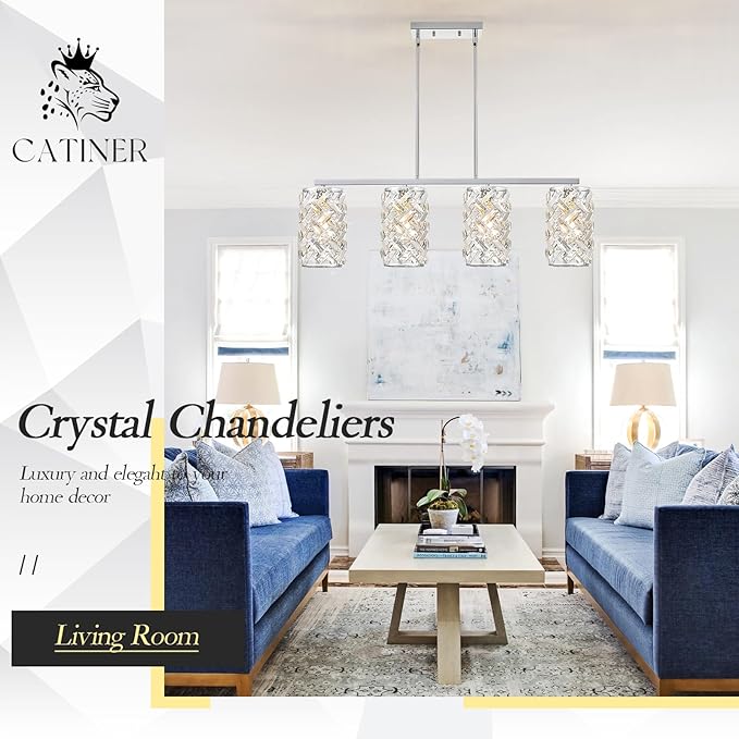 CATINER Chrome Crystal Kitchen Island Lighting 40" Modern Linear Chandelier, 4 Lights Polished Chrome Ceiling Pendant Light Fixture Over Table for Dining Room Living Room