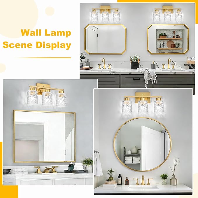 Brushed Gold Bathroom Light Fixtures, 3-Light Modern Bathroom Vanity Wall Light, Vanity Lights for Mirror, Wall Sconces with Clear Textured Glass (E26 Socket, Bulbs Not Included)