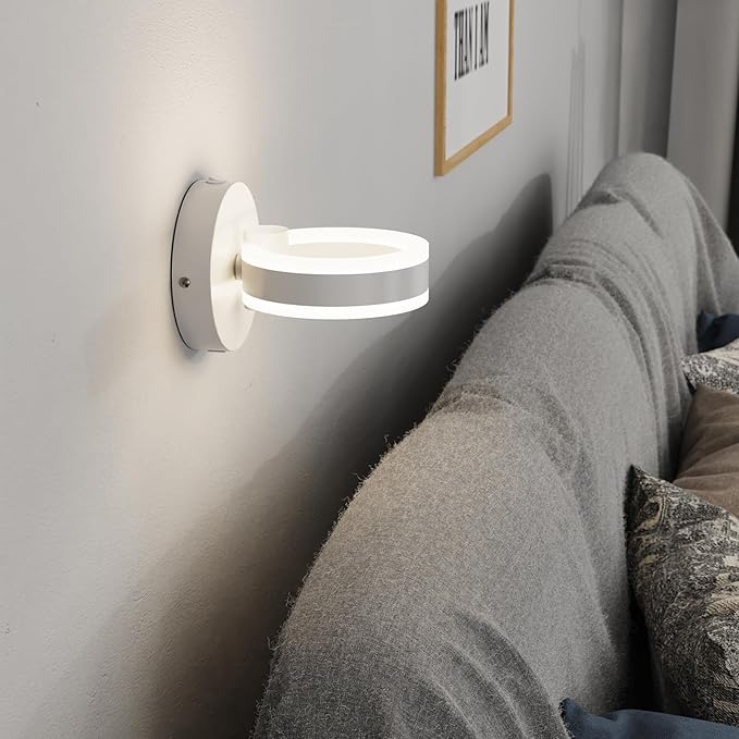 LED Wall Sconces Set of Two with ON/Off Switch, White Rotatable Hardwired Wall Light Fixtures, Built in USB Charging Port, Modern Wall Decor for Bed Lighting.