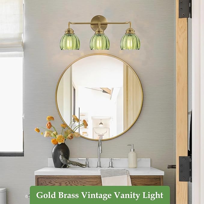 3 Light Vintage Bathroom Light Fixtures, Gold Bathroom Vanity Light, Brass Finish with GreenTulip Glass Shade, Wall Lighting for Bedroom, Living Room, Hallway,E26 Base