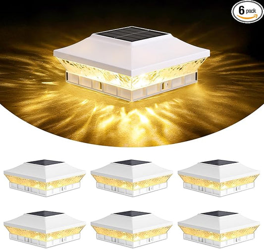 Brightever 3.5x3.5 4x4 Solar Post Cap Lights Outdoor, 6-Pack Solar Fence Post Lights for Wooden/Vinyl Posts, 2 Modes (Warm/Cool White), Solar Powered Waterproof Deck Post Lights for Patio Porch, White