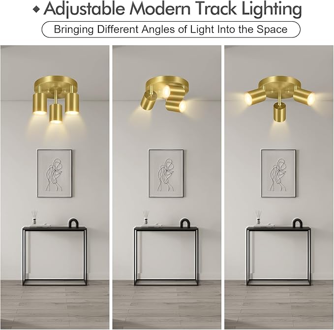 3 Light Track Lighting Fixtures Ceiling, Gold Round Directional Ceiling Spotlight, GU10 Flush Mount Track Fixture, Adjustable Modern LED Ceiling Lights for Kitchen/Living Room, Bulb Not Included