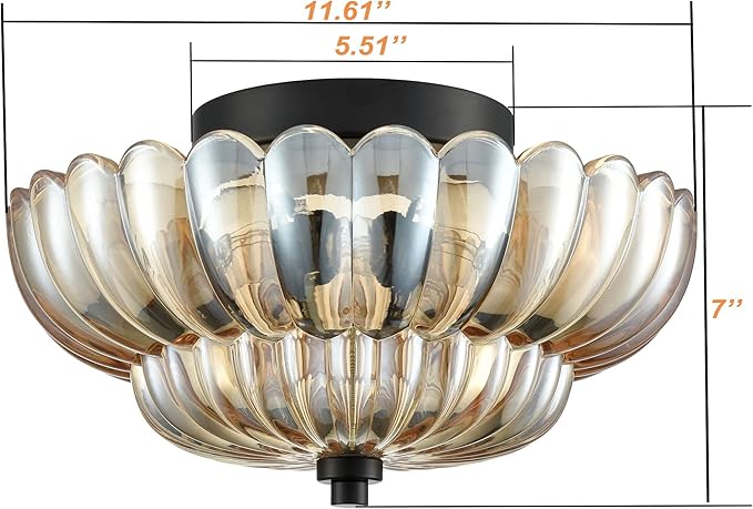 HYDELITE Modern Black Flush Mount Ceiling Light 3-Light Close to Ceiling Light Fixtures with Scalloped Amber Glass Shade for Living Room Entryway