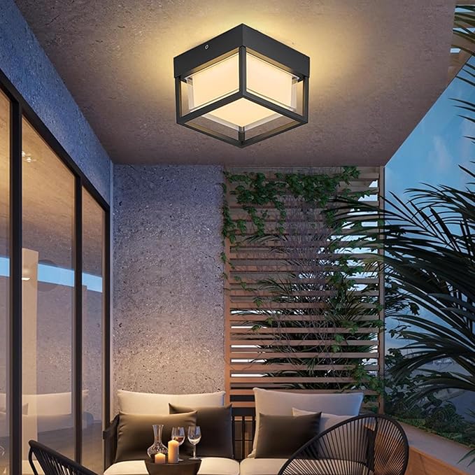 Outdoor Ceiling Porch Light LED Flush Mount for Wall or Ceiling, Square Exterior Wall Lamp for Front Porch,Garage, Hallway, Patio, 3000K, 15W, 6.3inch(Black)