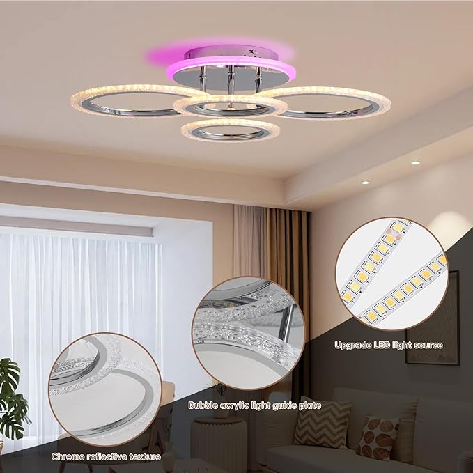 Modern Ceiling Light,50W Flush Mount Ceiling Lights,Dimmable lampara de techo para sala,4 Rings Lighting Fixture Ceiling Lamps for Living Room, Bedroom,Kitchen,Laundry Room,3000-6000K,Chrome