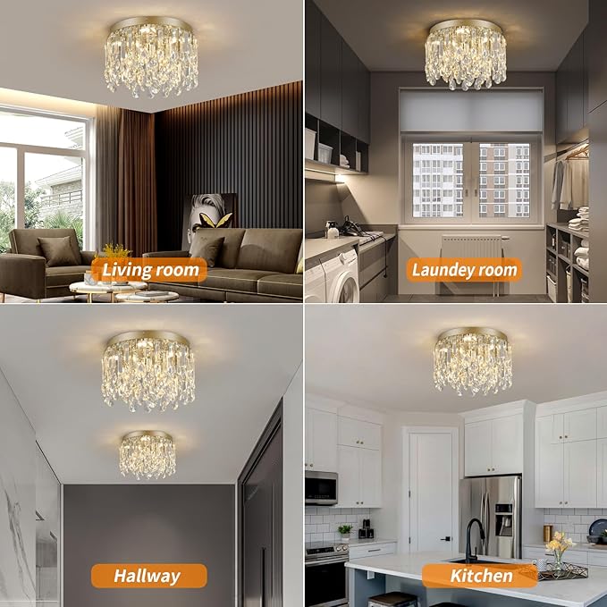 Deckrico 11.8" Gold Crystal Flush Mount Ceiling Light Fixture, Modern Close to Ceiling Chandelier with Tri-Color LED Lighting for Bedroom Hallway Dining Room