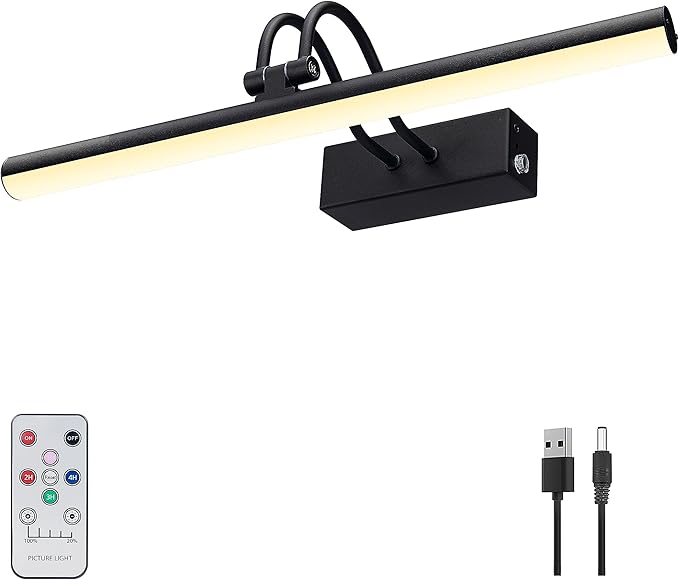 RAIFOOLLY Picture Light, Picture Lights for Wall Cordless, 13inch Picture Lights with Timer and Dimmable, 5000mAh Battery Wall Lights for Display Gallery Painting Art Frame Portrait - Black Metal