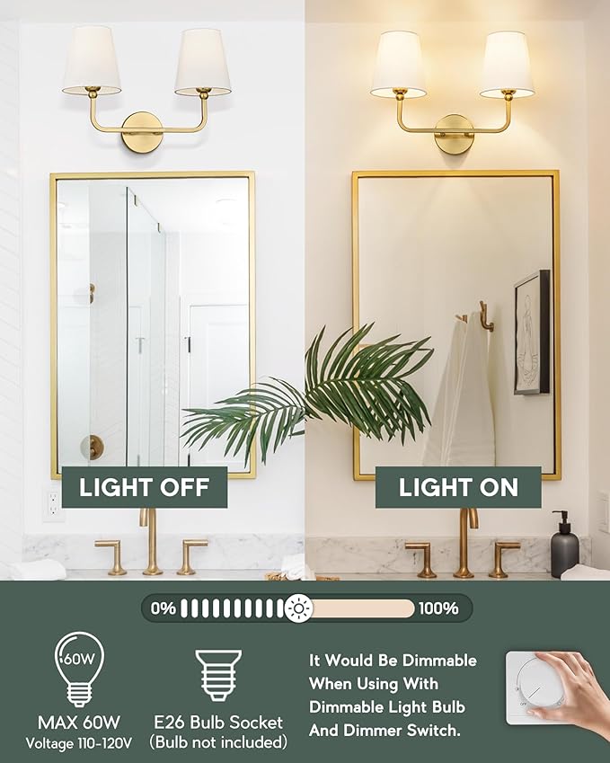 2 Light Bathroom Vanity Light, Brushed Gold Double Wall Sconce with Flared White Fabric Shade, Modern Sconces Wall Lighting for Hallway Bedroom Stairway, VL837-BG