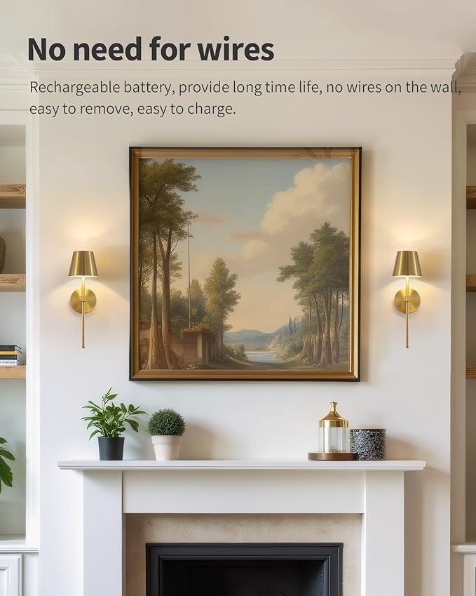 KDG Wireless Wall Sconces Set of 2, Small Cordless 5200mAh Rechargeable Battery LED Wall Lamps, Stepless Dimming Lightings for Wall Painting, Living Room, Bedroom, Hallway, Gifts, Night Light (Gold)