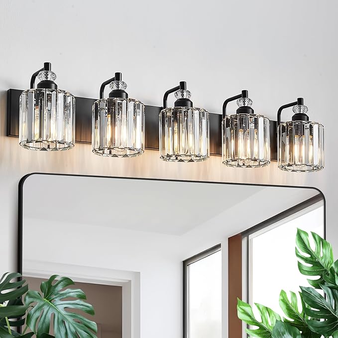 5-Light Black Bathroom Light Fixtures Over Mirror Modern Vanity Lights Crystal Wall Sconce Vintage Bathroom Lighting with Crystal Shade E26 Base for Bedroom, Living Room, Hallway