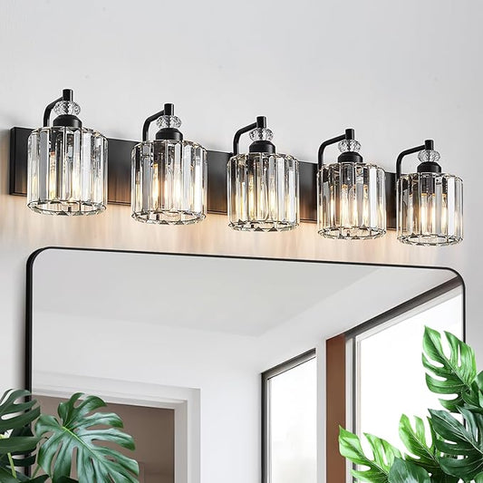 5-Light Black Bathroom Light Fixtures Over Mirror Modern Vanity Lights Crystal Wall Sconce Vintage Bathroom Lighting with Crystal Shade E26 Base for Bedroom, Living Room, Hallway