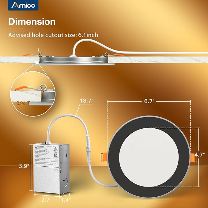 Amico 4 Pack Black 6 Inch 5CCT LED Recessed Ceiling Light with Night Light, 2700K-5000K Selectable Ultra-Thin Recessed Lighting, 12W=110W, 1100LM, Dimmable Canless Wafer Downlight ETL&FCC
