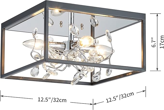 AGV LIGHTING CL044C Crystal Ceiling Light Fixture, Modern Flush Light, Perfect for Living Space, D12.5 x H8, E12 Base 3-Lights, Matte Black & Chrome Finish