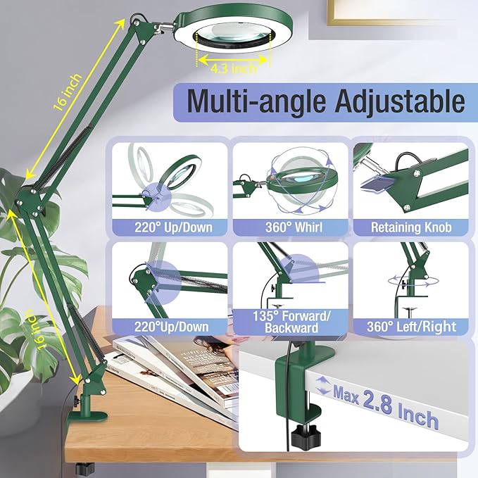 10X Magnifying Glass with Light and Clamp, Real Glass Stand Lighted Magnifier, 2*16 Arm 5 Color Modes Stepless Dimmable LED Desk Lamp Hands Free for Craft Hobby Reading Painting Close Work Large Green