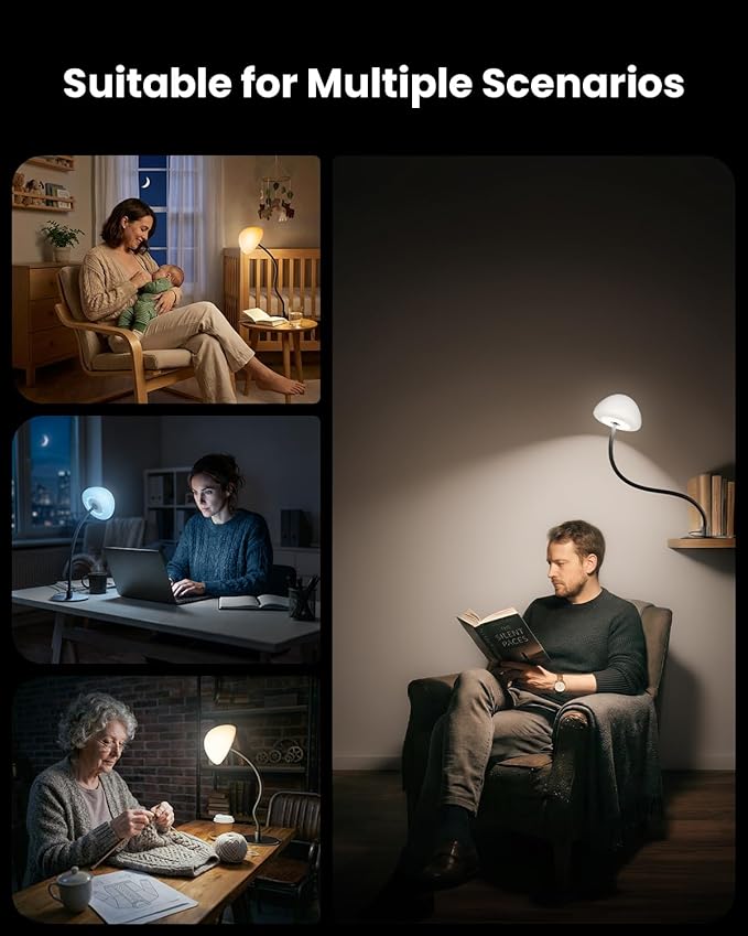 RGB Bedside Table Lamp with 3 Color Temperatures, Stepless Dimmable Desk Lamp 5%-100%, Flexible Gooseneck LED Night Light, 4 Power Supply Options for Bedroom Living Room Office Gift