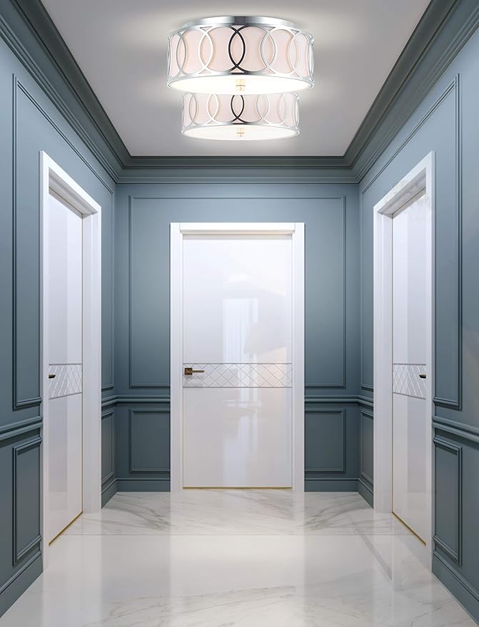 JONATHAN Y 12.25" Chrome 2-Light Modern Metal LED Flush Mount Ceiling Light for Bedroom Hallway, White Linen Drum Shade with Geometric Fretwork, LED Bulbs Included (JYL3502B)