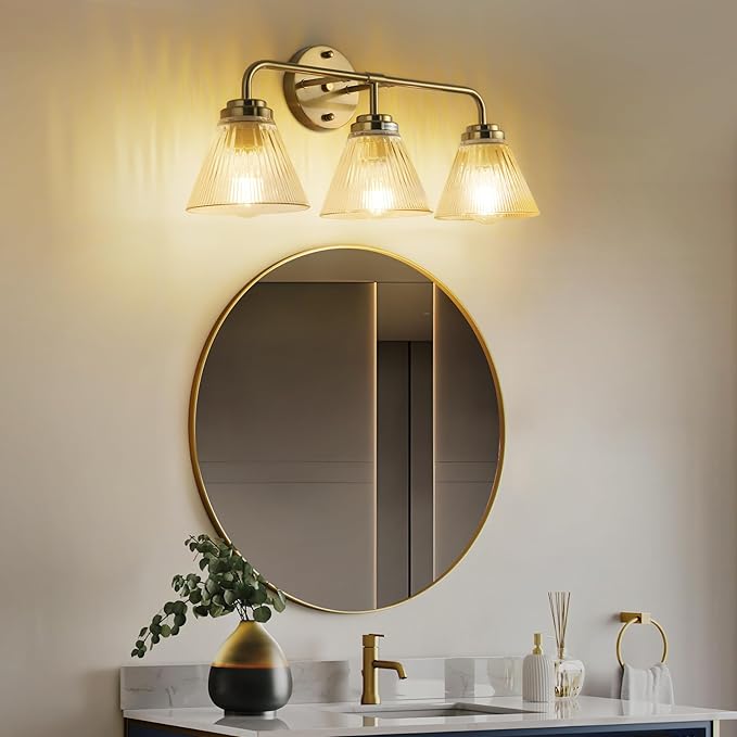 Modern Bronze Bathroom Vanity Light, 3-Light Wall Sconce with Clear Ribbed Glass Shades, Farmhouse Industrial Light Fixture for Bathroom, Vanity Mirror, Powder Room, Hallway (bronze, Eletroplate, 3)