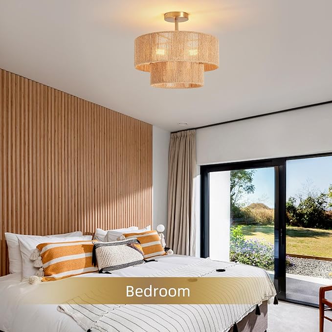 Boho Semi Flush Mount Ceiling Light Gold Rattan Ceiling Light 15.4" Farmhouse Ceiling Lamp with Natural Hemp Rope Lampshade for Dining Room Living Room Bedroom Kitchen