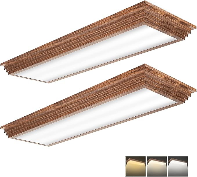 FAITHSAIL 2FT LED Light Fixture with 3000K/4000K/5000K CCT Selectable Dimmable 2 Foot LED Linear with Wooden Look 30W 3300LM Flush Mount Ceiling Wraparound for Kitchen, Bedroom, Laundry, 2 Pack