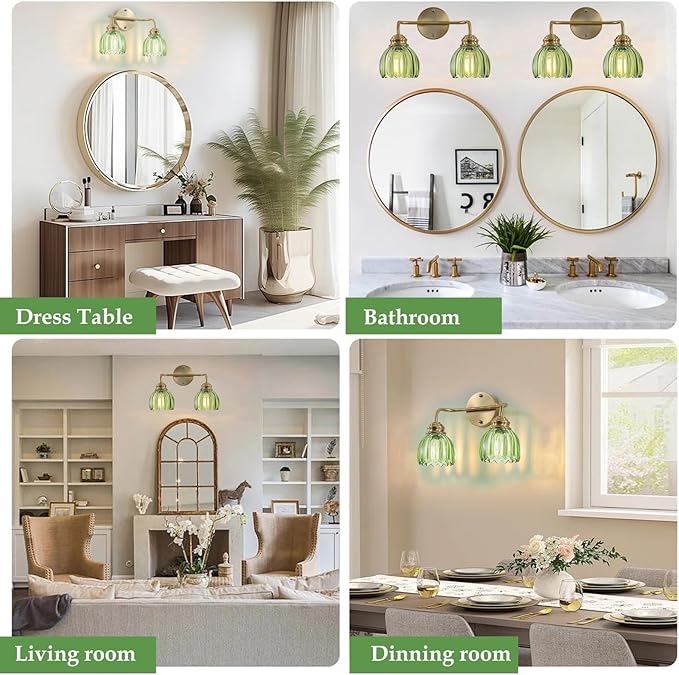 2 Light Vintage Bathroom Light Fixtures, Gold Bathroom Vanity Light, Brass Finish with Green Tulip Glass Shade, Wall Lighting for Bedroom, Living Room, Hallway,E26 Base