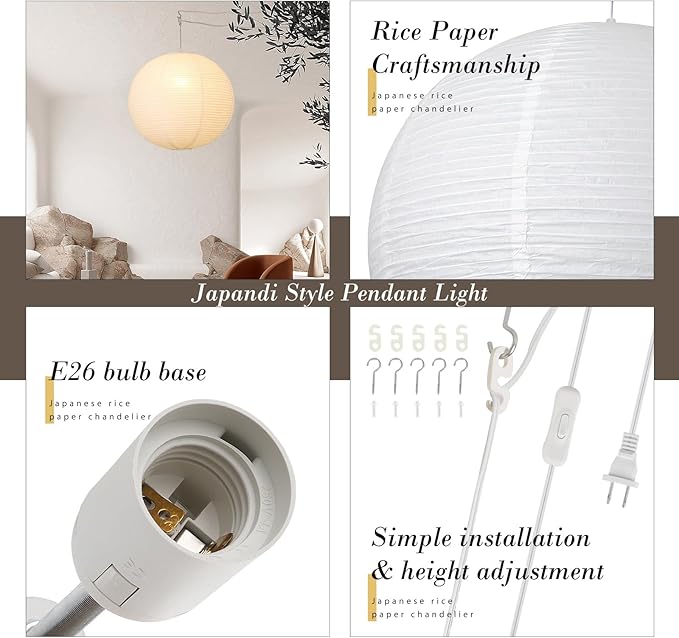 Paper Lantern Lamp Plug in Hanging Lamp, 20in White Rice Paper Pendant Light with 19.7FT Cord Large Globe Japanese Japandi Wabi Sabi Chandelier for Dining Living Room Bedroom Office 1 Pack