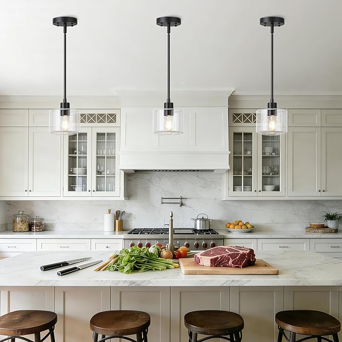 Black Pendant Lights Kitchen Island 2 Pack, Modern Clear Glass Hanging Light Fixtures with Rods, Mini Kitchen Pendant Lighting Over Island for Sink Bathroom, OS-YQ8153-2PBKC