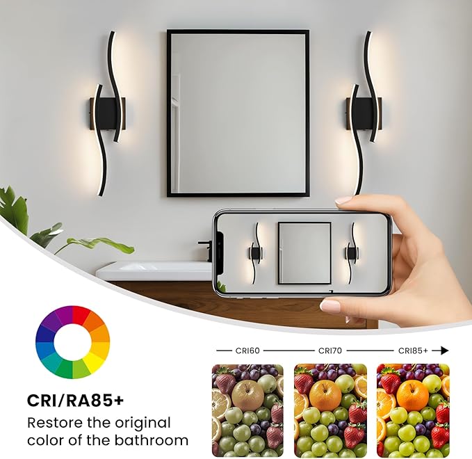 WOSHITU Bathroom Vanity Lights Over Mirror: 23.6 Inch 24W Black LED Bathroom Lighting Fixtures 5CCT Dimmable 2700-5000K Vanity Lighting Modern Bath Sconces Wall Light for Mirror Bedroom Living Room