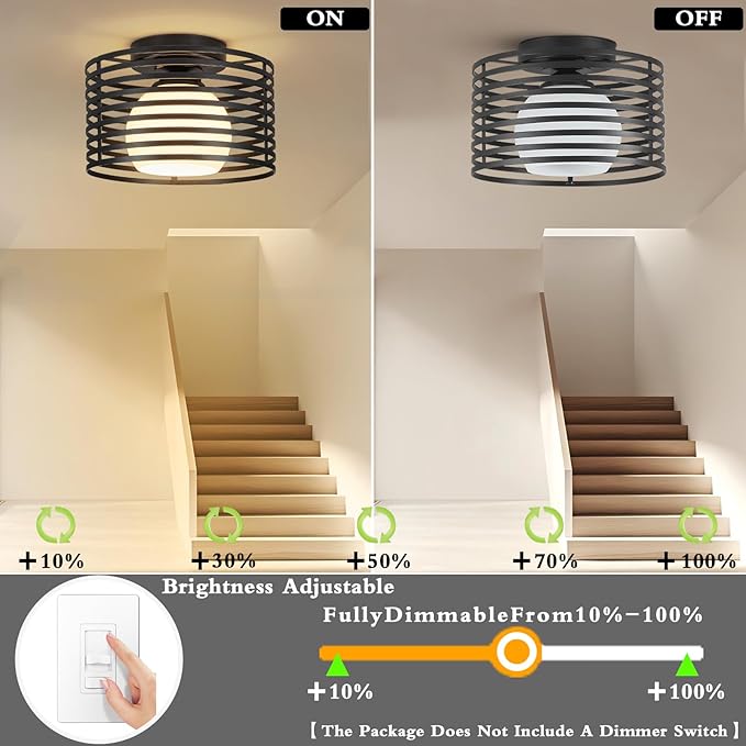 Modern Industrial Semi Flush Mount Ceiling Light, 1-Light Black Farmhouse Ceiling Light Fixture with Glass Shade, Hallway Lighting Fixture for Kitchen, Bedroom, Bathroom, Foyer, Laundry room 9.0in