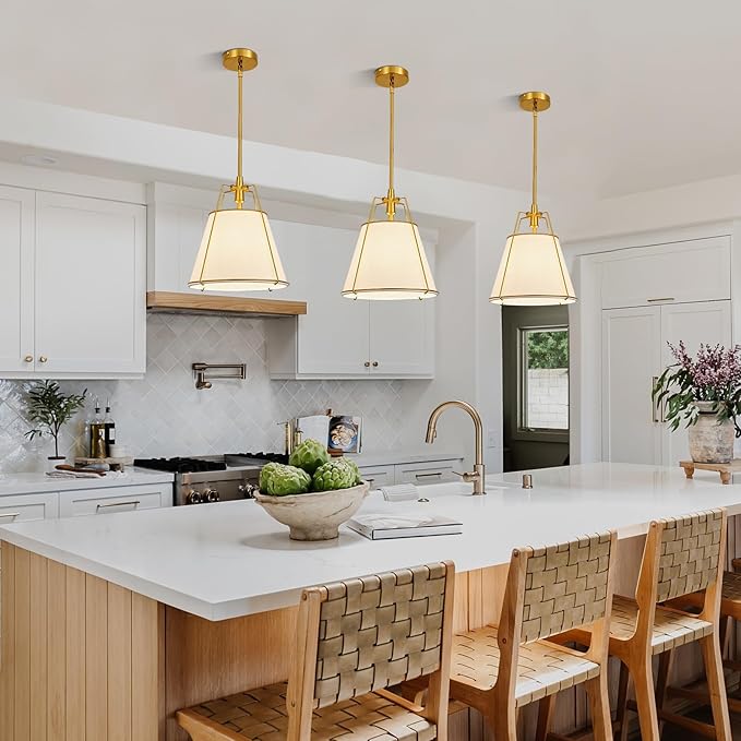 Modern Pendant Light Fixtures with 13" Off-White Linen Fabric Shade, Adjustable Hanging Light Fixture,Drum Gold Vintage Chandelier for Kitchen Island Bedroom Dining Room Foyer Entryway