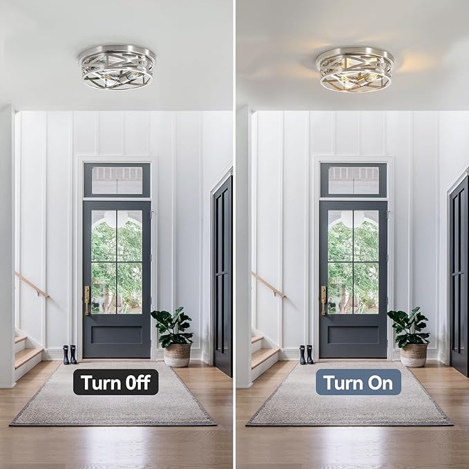 13 Inch Brushed Nickel Flush Mount Ceiling Lights, Modern Cage Ceiling Light Fixture E26 Base Indoor Metal Kitchen Ceiling Lights for House Hallway Bedroom Living Room Laundry, 2 Pack