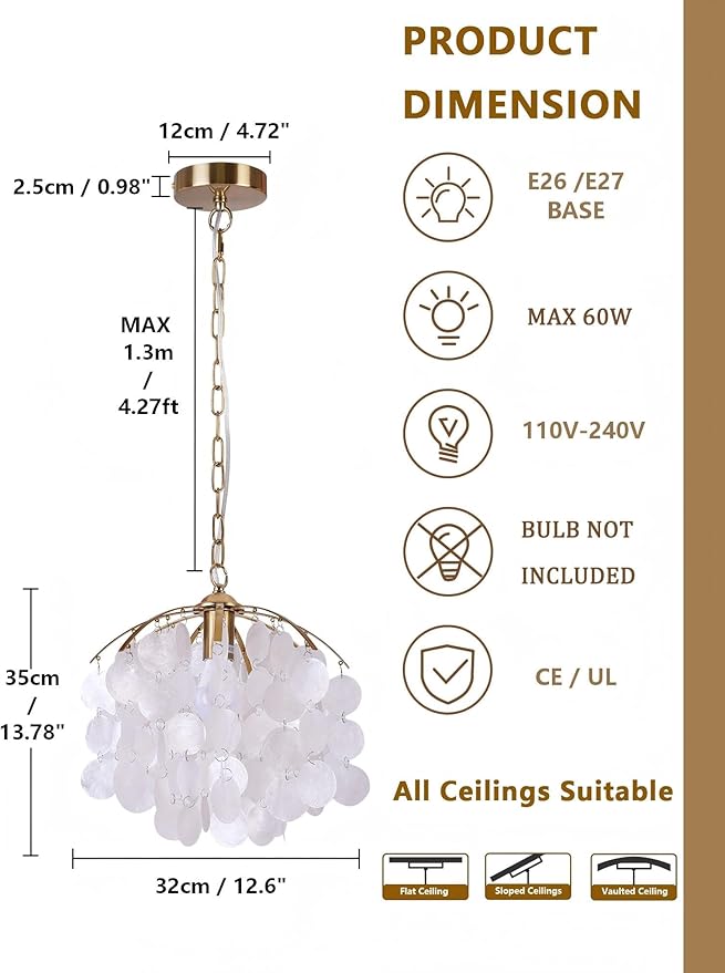 Capiz Shell Pendant Light, 12.6” Gold Coastal Hanging Chandelier, Adjustable Height up to 51”, E26 Hardwired Ceiling Light for Living Room, Dining Room, Bedroom, Entryway
