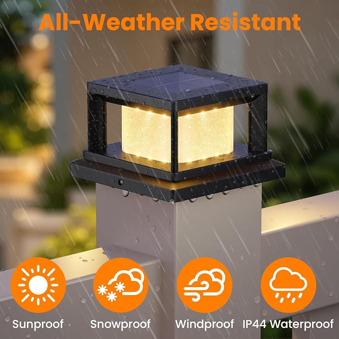 Mlambert 4x4 Solar Post Cap Lights 8-Pack, 2 Lighting Modes Solar Fence Cap for Wooden Vinyl Post, Waterproof Deck Light Patio Porch Decoration, Black