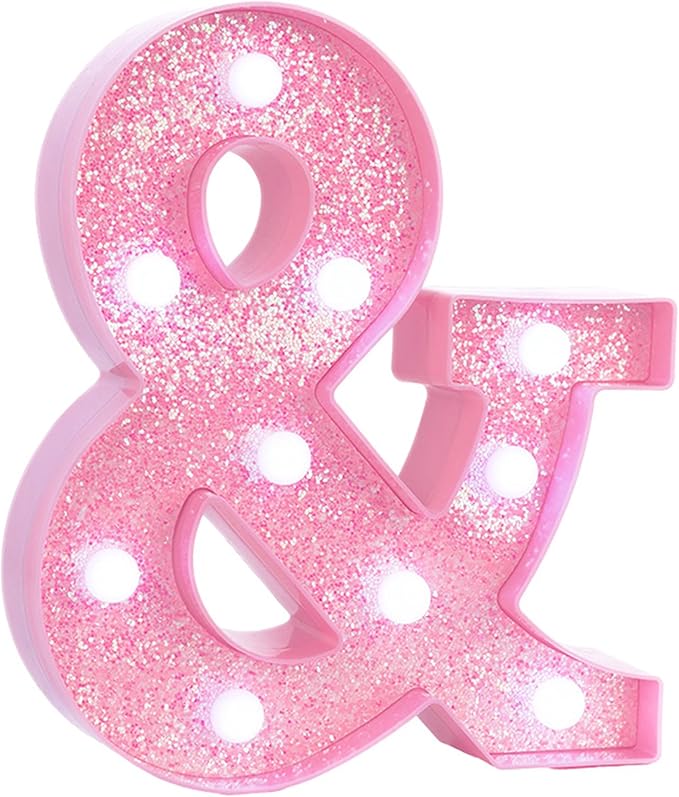 Pink Marquee Light Up Letters, Glitter Alphabet LED Letter Lights for Pink Birthday Party Decorations, Battery Operated Letter Sign for Girls Room Vanity Table Decor, Cool White Lights Symbol &