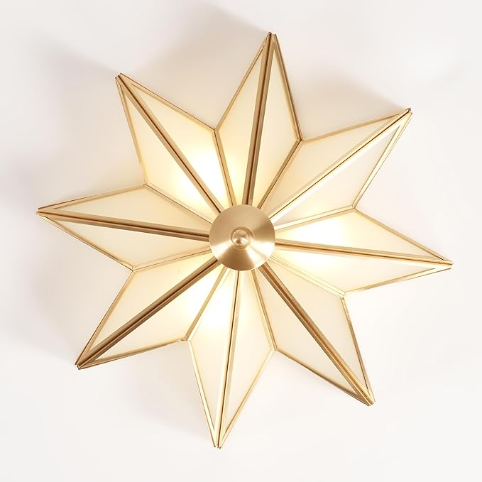 Brass Flush Mount Ceiling Light with Ceramic Light Socket, Star Shaped Ceiling Light Fixture, Mid Century Glass Ceiling Mount Lamp for Entryway, Hallway, Nursery (15.7")