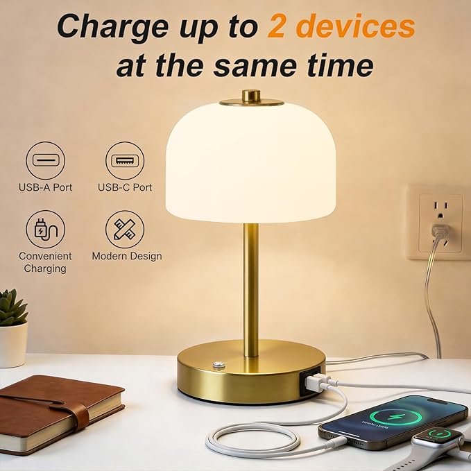 Oneach 9" Touch Control Gold Table Lamp with USB A+C Charging Ports, Dimmable LED Bedside Lamp with 3 Color Temperatures, Small Modern Table Lamps for Bedroom Nightstand Living Room