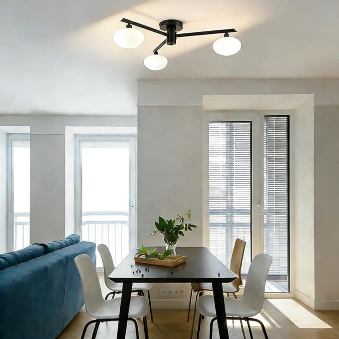 Semi Flush Mount Ceiling Light Fixture, Mid Century Modern 3-Light 22.5" Lighting Fixtures Ceiling Matte Black Ceiling Lights for Bedroom, Entryway, Hallway, Kitchen, Dining Room & Living Room