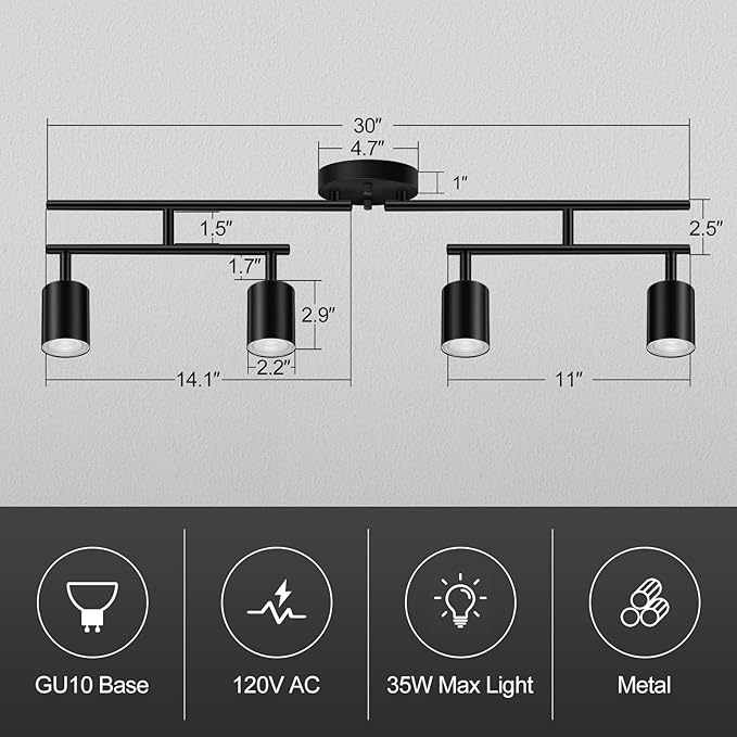 Track Lighting Kit, LED Track Lighting Fixtures Ceiling, 30" Black Ceiling Spotlights, 4 Light Kitchen Light Fixtures, Spot Light with Rotatable Heads, Track Lights for Bedroom(GU10 Socket, NO Bulb)