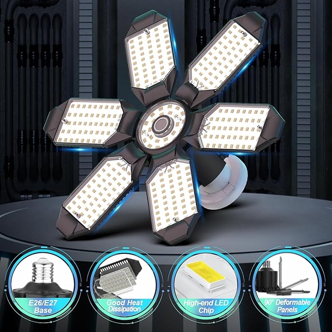 Led Garage Lights 2 Pack 200W Super Bright Ceiling Led Shop Lights, E26/E27 Base, 6500K, 22000LM Deformable Garage Light Ideal for Basement, Attic and Workshop, Commercial Bay Lighting