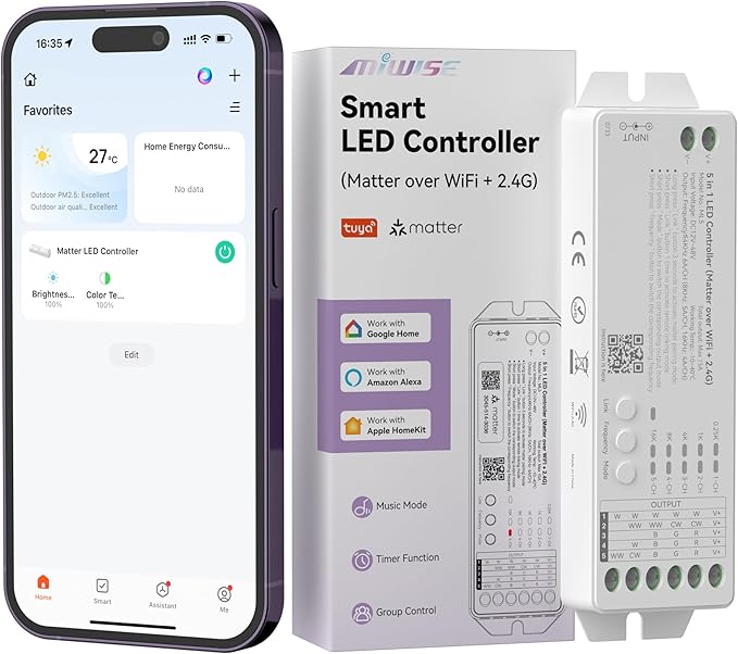 MIWISE Matter LED Controller,Dimmable WiFi Controller for LED Strip Light,Works with Alexa/Google Assistant/Homekit/Apple Home/Siri,for Single Color/CCT/RGB/RGBCCT/RGBW COB LED Strip Light,DC12-48V