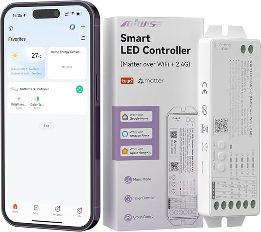 MIWISE Matter LED Controller,Dimmable WiFi Controller for LED Strip Light,Works with Alexa/Google Assistant/Homekit/Apple Home/Siri,for Single Color/CCT/RGB/RGBCCT/RGBW COB LED Strip Light,DC12-48V