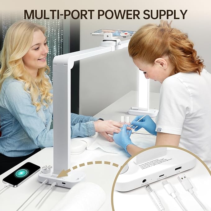 AORAEM 34in Foldable Half Moon Light, Nail Desk Lamp with Power Output Base, 456 LED 3000K-6000K Stepless Dimmable Professional Esthetician Light for Manicure Tattoo Light