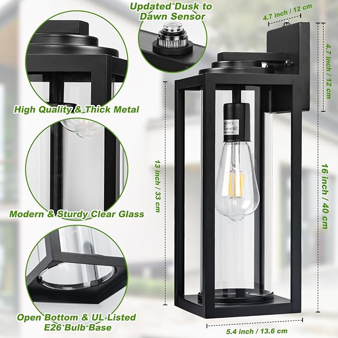 FILIYANO 16 inch Dusk to Dawn Outdoor Wall Light - 2 Pack Exterior Waterproof Outside Lighting, Modern Porch Sconces, Wall Mounted Fixtures, Industrial Anti-Rust Matte Black Lantern for Front Door
