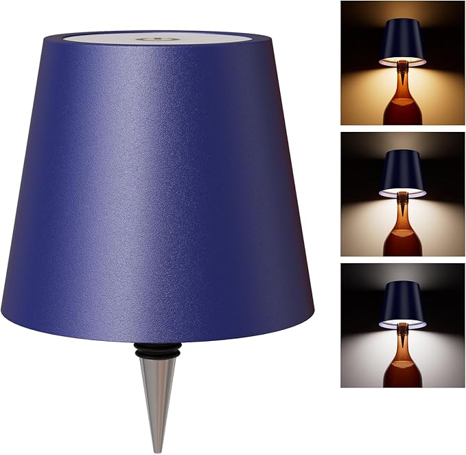 Wireless Bottle Lamp Shade with 3 Color Temperatures - Rechargeable, Stepless Dim LED Wine Bottle Lights, Desk Light for Bedroom, Restaurant, Bar (Dark Blue)