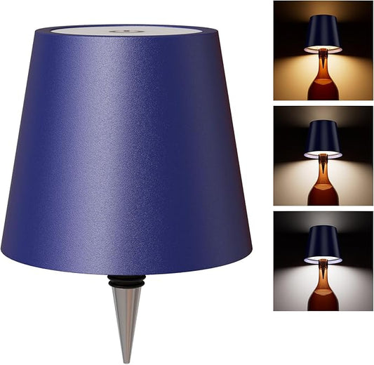 Wireless Bottle Lamp Shade with 3 Color Temperatures - Rechargeable, Stepless Dim LED Wine Bottle Lights, Desk Light for Bedroom, Restaurant, Bar (Dark Blue)