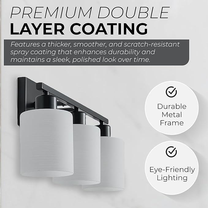 The Door Bull Modern Bathroom Vanity Light, Milky White Glass Shades, Wall Sconce for Bedroom & Living Room, E26 Socket, Over Mirror Lighting Fixture (Matte Black, 3 Lights)