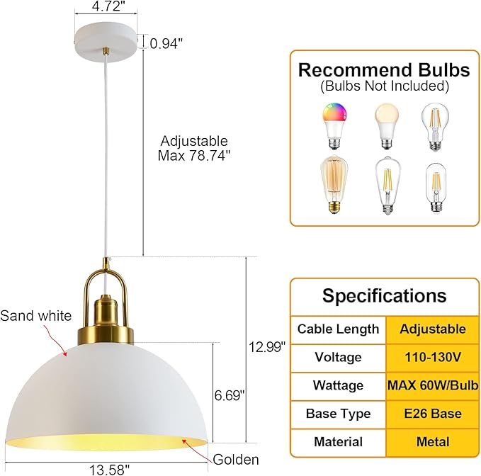 Vintage Industrial Pendant Light - 13.58'' Rustic White and Gold Farmhouse Dome Pendant Lighting, 78.74'' Length, for Kitchen, Dining, Bedroom, Living Room