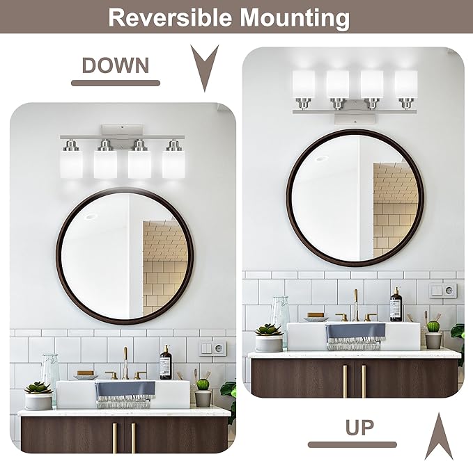 Sailstar Bathroom Light Fixtures, Brushed Nickel Vanity Light Over Mirror, 4-Light Wall Sconces with Milky White Frosted Glass Shades, Wall Lamp for Bedroom, Living Room, E26 Base (Bulbs Not Included)